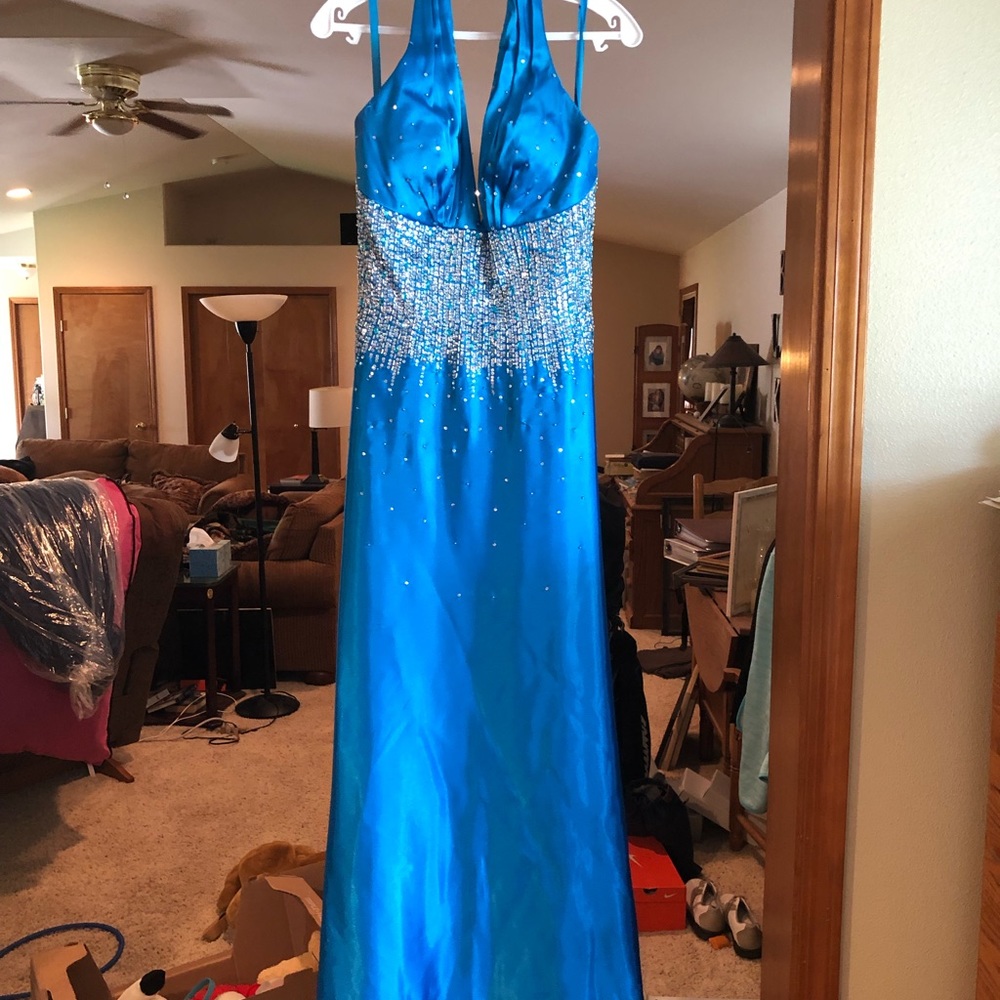 Floor length halter neck blue shimmer dress